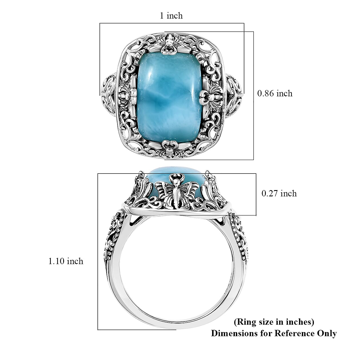 D'Joy Artisan Crafted Larimar 8.15 ctw Butterfly Ring in Sterling Silver (Size 10.0)