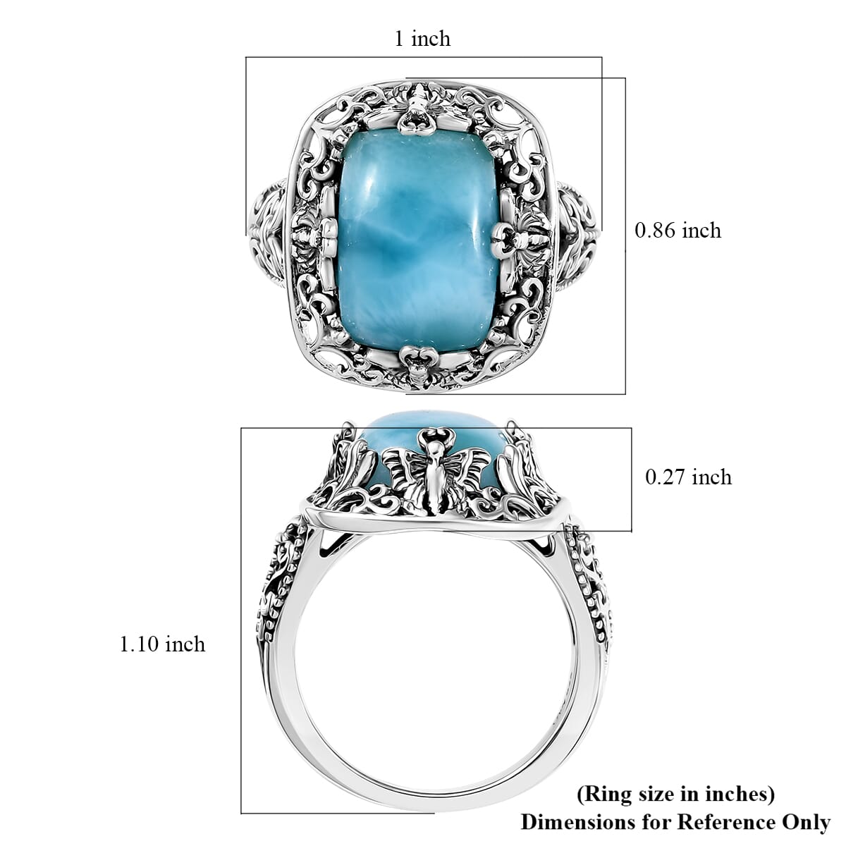 D'Joy Artisan Crafted Larimar 8.15 ctw Butterfly Ring in Sterling Silver (Size 8.0) image number 5