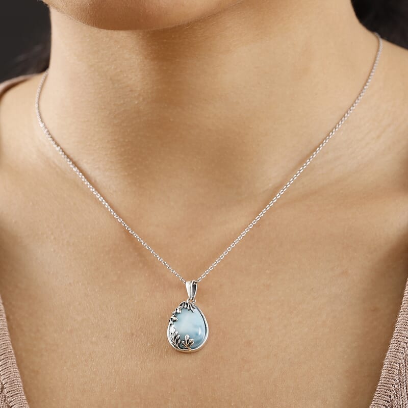 D'Joy Artisan Crafted Premium Larimar 11.10 ctw Flowing Swirl Pendant without Chain Sterling Silver