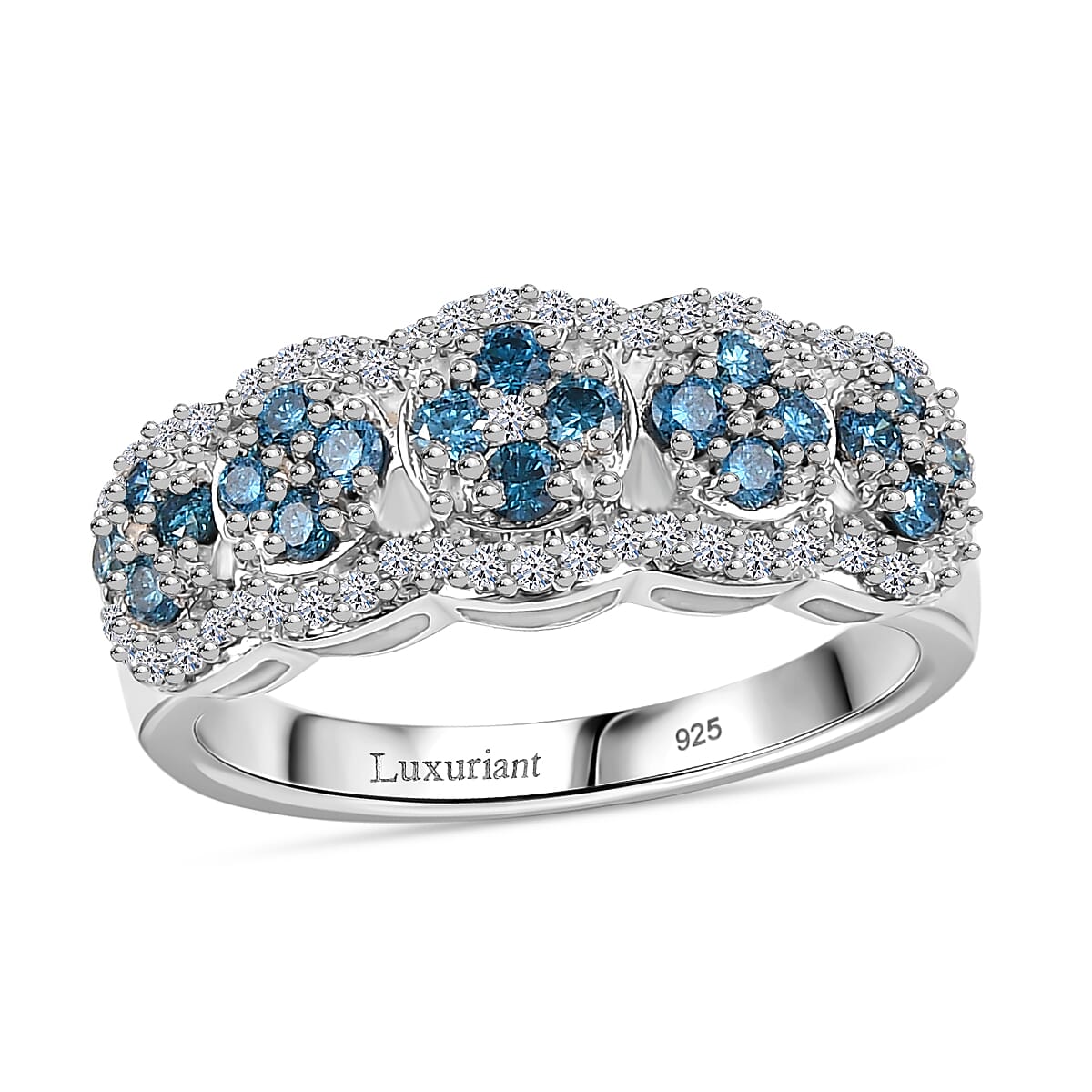 Luxuriant Lab Grown Blue and White Diamond SI 0.75 ctw Azure Bloom Ring in Rhodium Over Sterling Silver (Size 10.0) image number 0