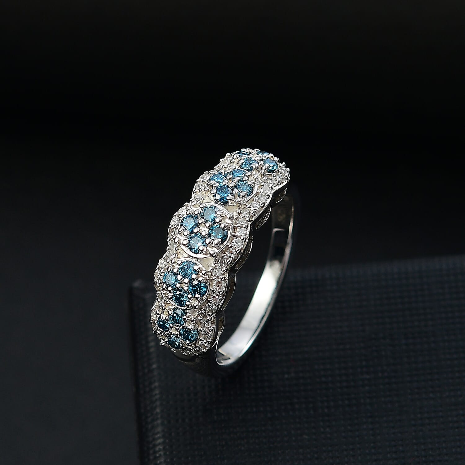 Luxuriant Lab Grown Blue and White Diamond SI 0.75 ctw Azure Bloom Ring in Rhodium Over Sterling Silver (Size 10.0)