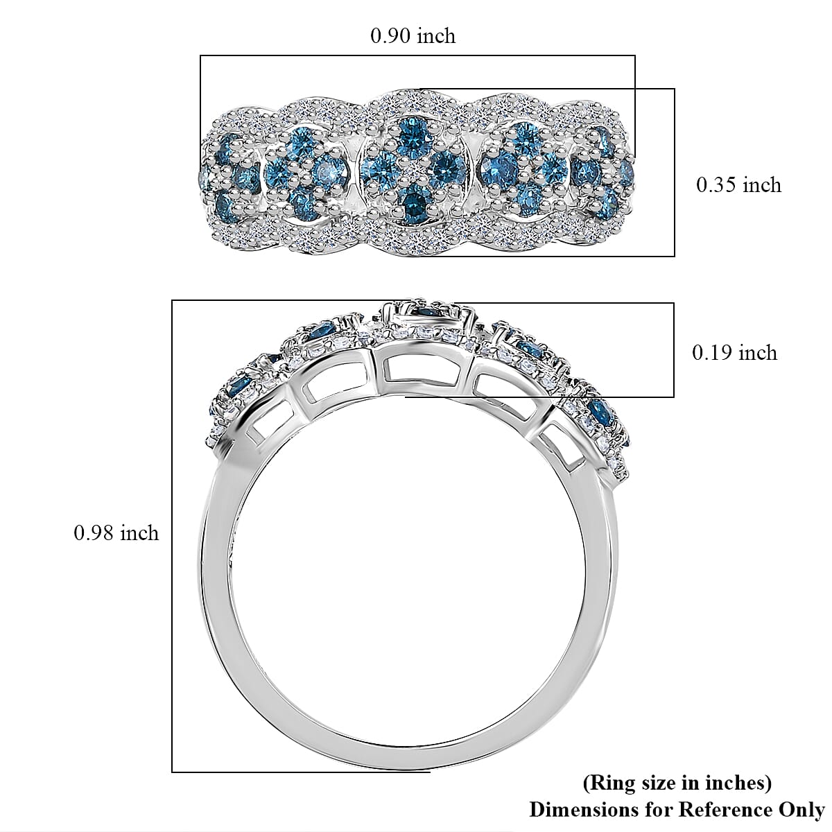 Luxuriant Lab Grown Blue and White Diamond SI 0.75 ctw Azure Bloom Ring in Rhodium Over Sterling Silver (Size 10.0) image number 5