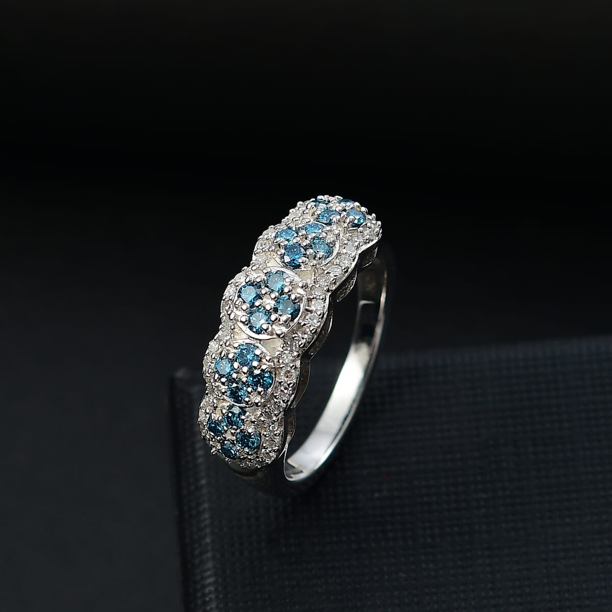 Luxuriant Lab Grown Blue and White Diamond SI 0.75 ctw Azure Bloom Ring in Rhodium Over Sterling Silver (Size 9.0) image number 1