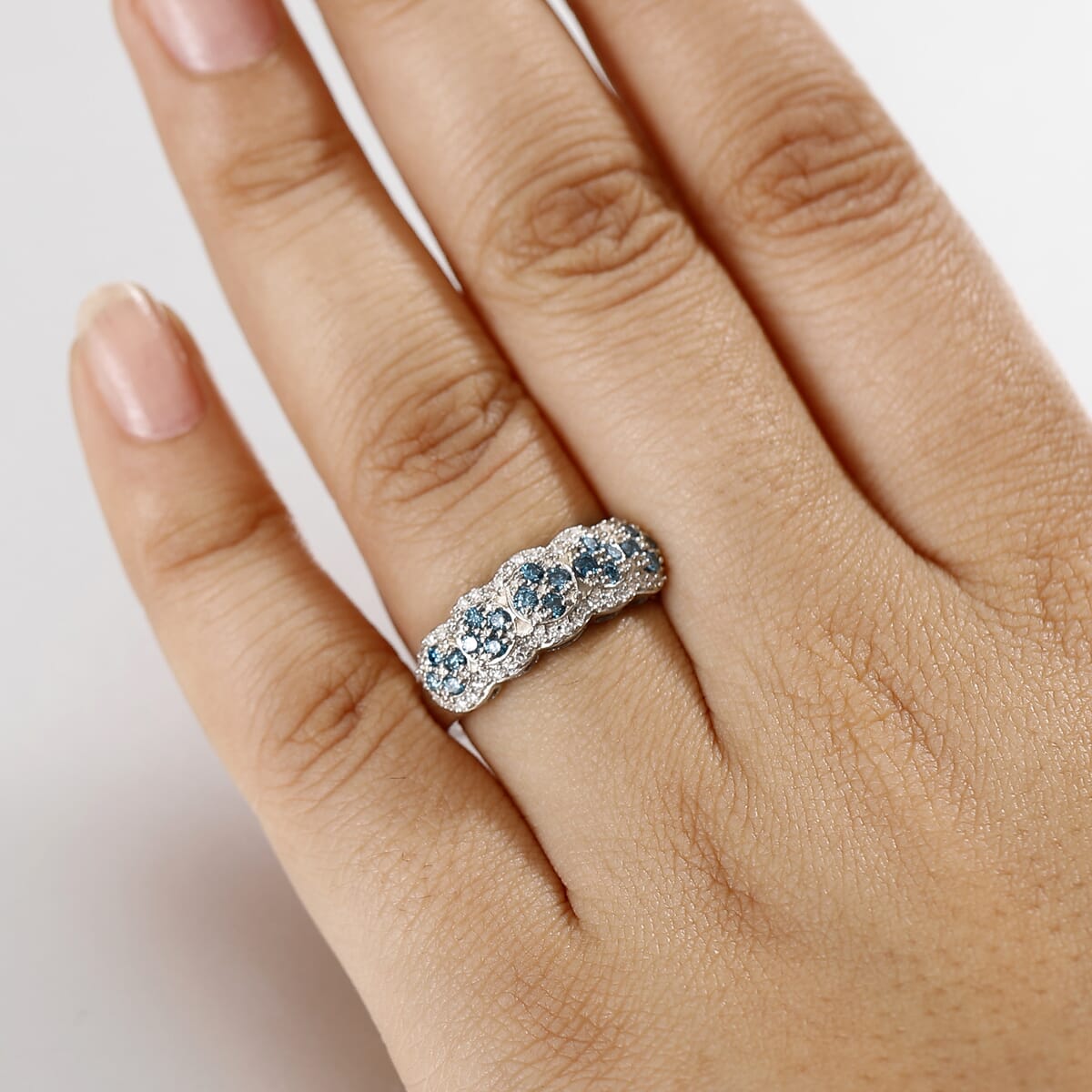 Luxuriant Lab Grown Blue and White Diamond SI 0.75 ctw Azure Bloom Ring in Rhodium Over Sterling Silver (Size 9.0) image number 2