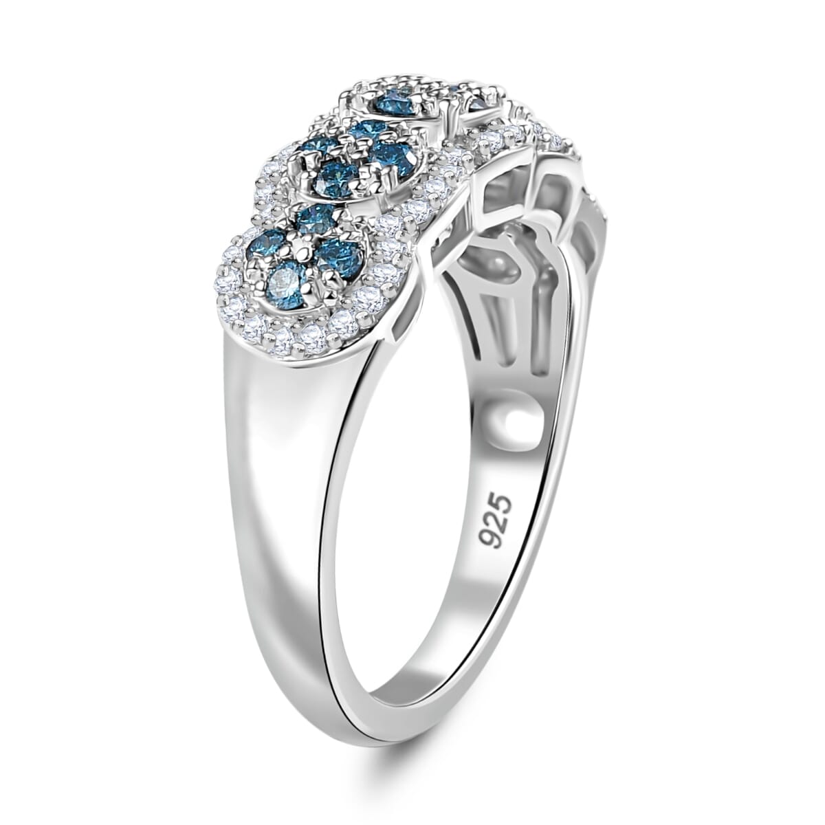 Luxuriant Lab Grown Blue and White Diamond SI 0.75 ctw Azure Bloom Ring in Rhodium Over Sterling Silver (Size 9.0) image number 3
