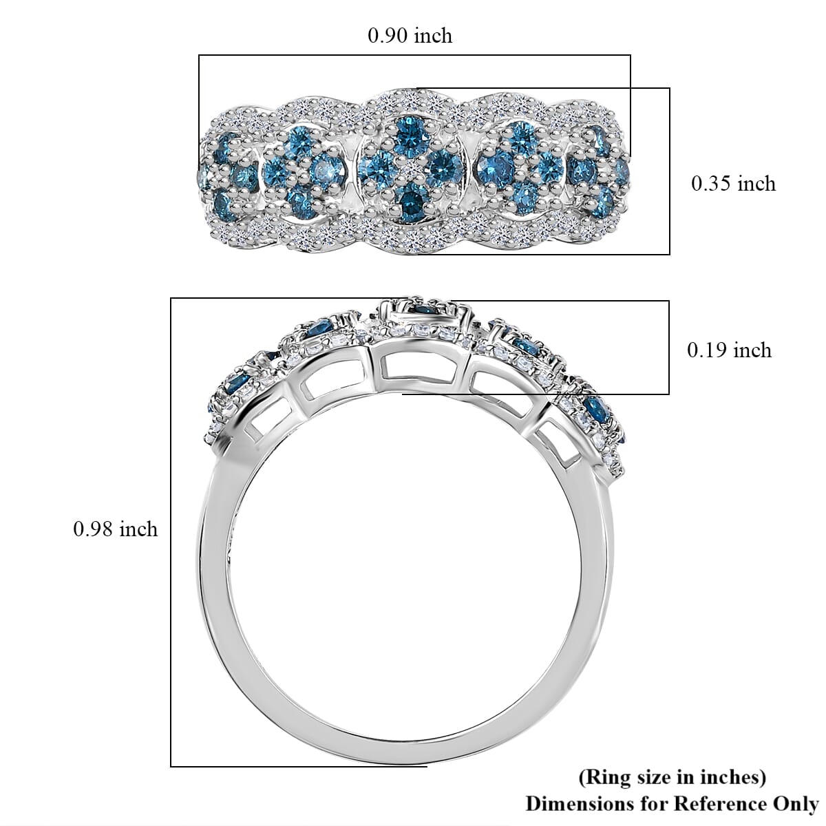 Luxuriant Lab Grown Blue and White Diamond SI 0.75 ctw Azure Bloom Ring in Rhodium Over Sterling Silver (Size 9.0) image number 5