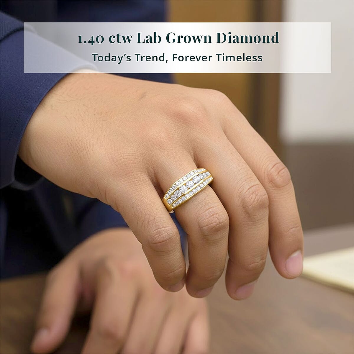 Luxuriant Lab Grown Diamond G-H SI 1.40 ctw Mens Ring in 18K Vermeil Yellow Gold Over Sterling Silver (Size 9.0) image number 1