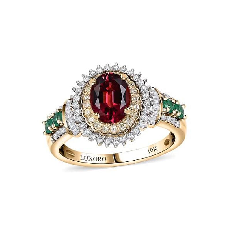 Luxoro AAA Ouro Fino Rubellite, Colombian Emerald, I2 Natural Yellow and White Diamond 2.20 ctw Regal Bloom Ring in 10K Yellow Gold (Size 10.0)