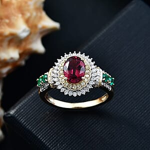 Luxoro AAA Ouro Fino Rubellite, Colombian Emerald, I2 Natural Yellow and White Diamond 2.20 ctw Regal Bloom Ring in 10K Yellow Gold (Size 10.0)