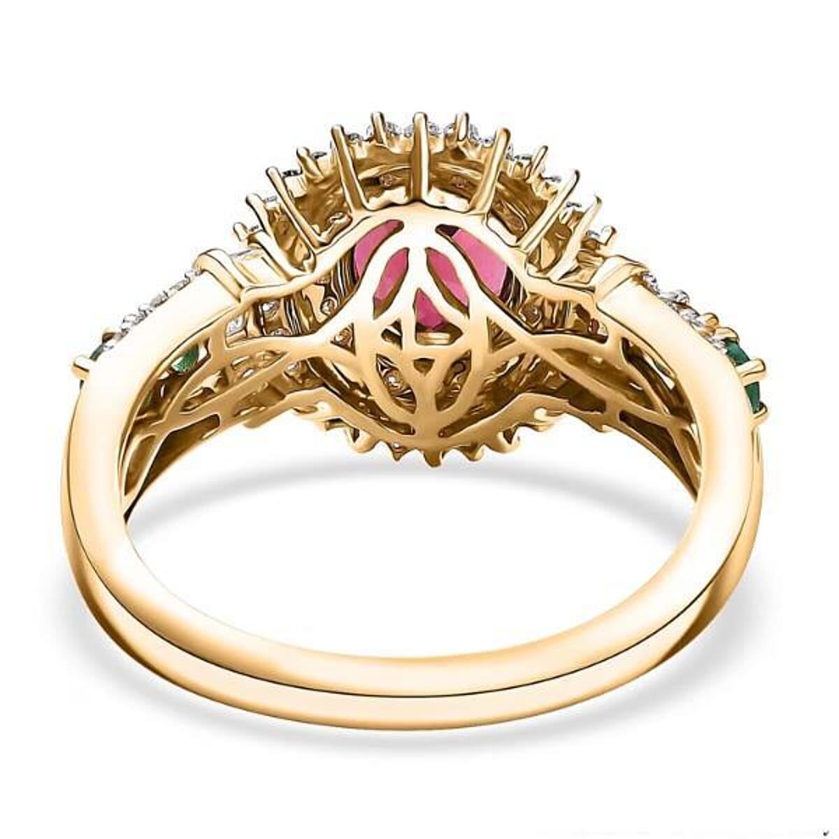 Luxoro AAA Ouro Fino Rubellite, Colombian Emerald, I2 Natural Yellow and White Diamond 2.20 ctw Regal Bloom Ring in 10K Yellow Gold (Size 11.0) image number 6