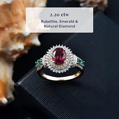 Luxoro AAA Ouro Fino Rubellite, Colombian Emerald, I2 Natural Yellow and White Diamond 2.20 ctw Regal Bloom Ring in 10K Yellow Gold (Size 12.0)