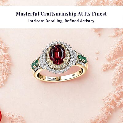 Luxoro AAA Ouro Fino Rubellite, Colombian Emerald, I2 Natural Yellow and White Diamond 2.20 ctw Regal Bloom Ring in 10K Yellow Gold (Size 12.0)