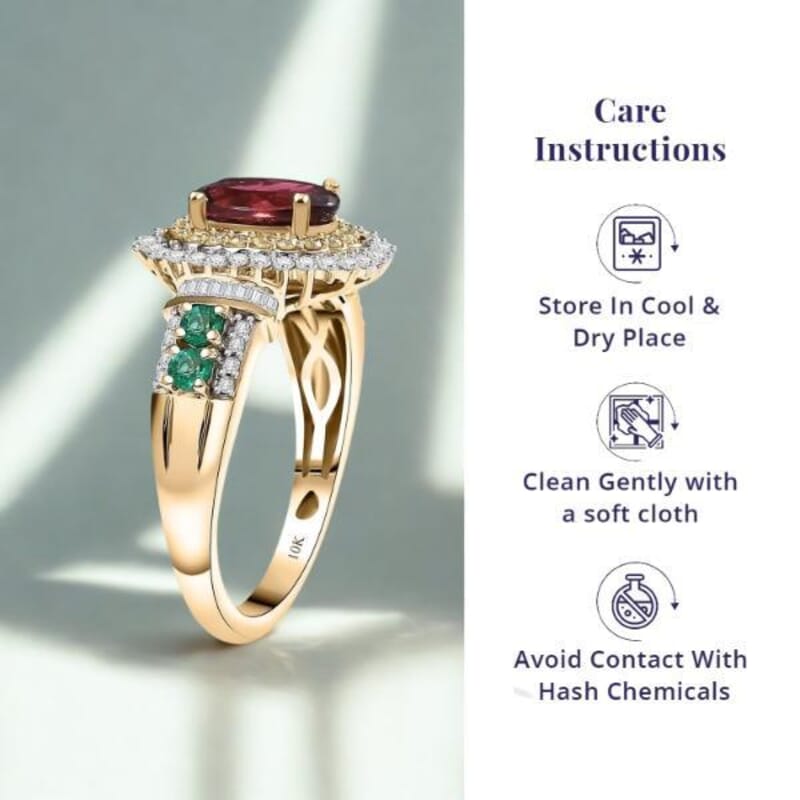 Luxoro AAA Ouro Fino Rubellite, Colombian Emerald, I2 Natural Yellow and White Diamond 2.20 ctw Regal Bloom Ring in 10K Yellow Gold (Size 12.0)