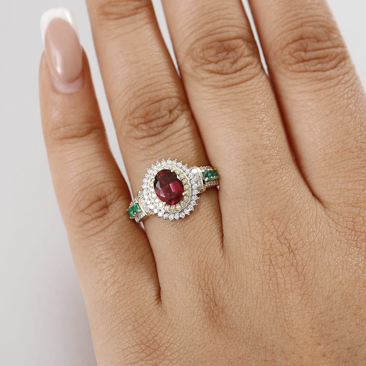 Luxoro AAA Ouro Fino Rubellite, Colombian Emerald, I2 Natural Yellow and White Diamond 2.20 ctw Regal Bloom Ring in 10K Yellow Gold (Size 5.5) image number 2