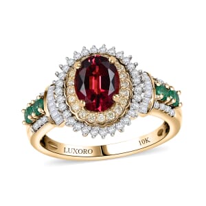 Luxoro AAA Ouro Fino Rubellite, Colombian Emerald, I2 Natural Yellow and White Diamond 2.20 ctw Regal Bloom Ring in 10K Yellow Gold (Size 6.0)