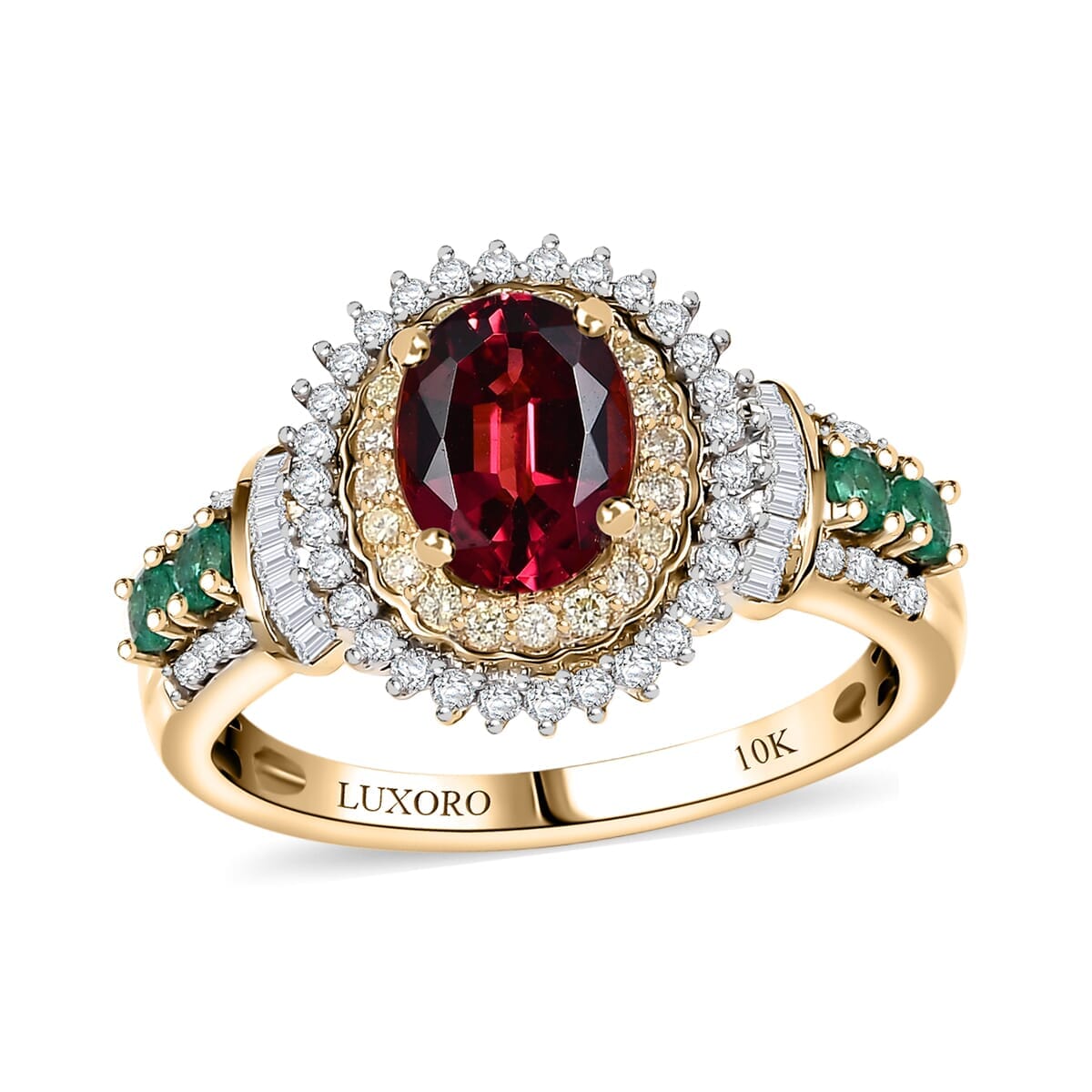 Luxoro AAA Ouro Fino Rubellite, Colombian Emerald, I2 Natural Yellow and White Diamond 2.20 ctw Regal Bloom Ring in 10K Yellow Gold (Size 6.5) image number 0