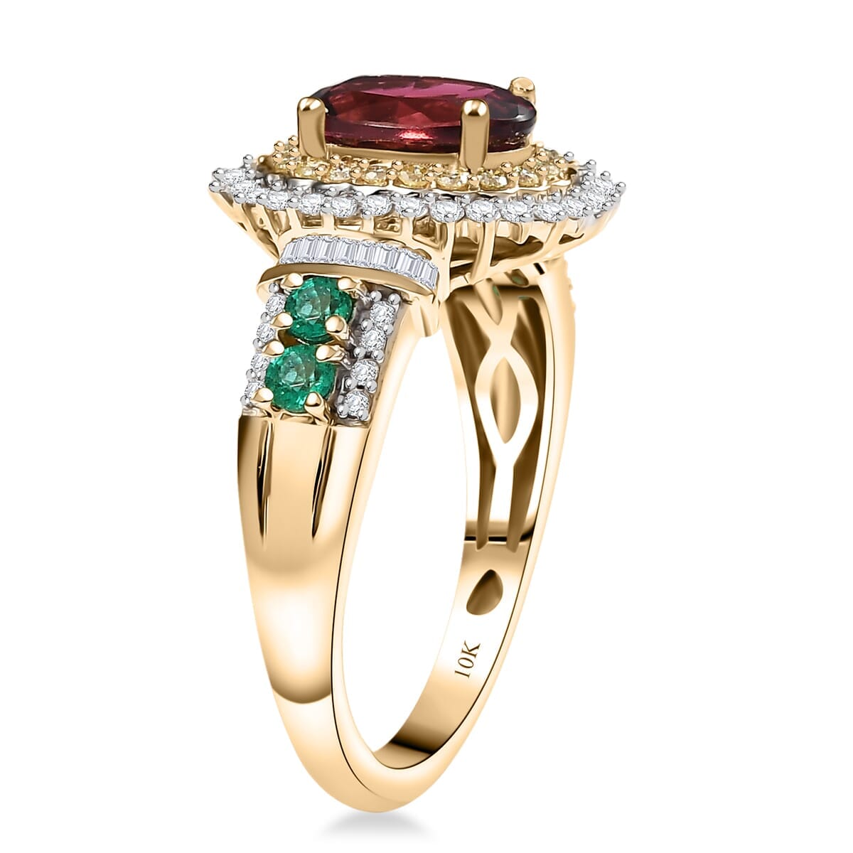 Luxoro AAA Ouro Fino Rubellite, Colombian Emerald, I2 Natural Yellow and White Diamond 2.20 ctw Regal Bloom Ring in 10K Yellow Gold (Size 6.5) image number 3