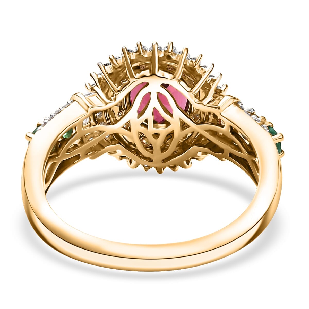 Luxoro AAA Ouro Fino Rubellite, Colombian Emerald, I2 Natural Yellow and White Diamond 2.20 ctw Regal Bloom Ring in 10K Yellow Gold (Size 6.5) image number 4