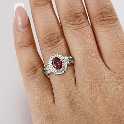 Luxoro AAA Ouro Fino Rubellite, Colombian Emerald, I2 Natural Yellow and White Diamond 2.20 ctw Regal Bloom Ring in 10K Yellow Gold (Size 7.0)