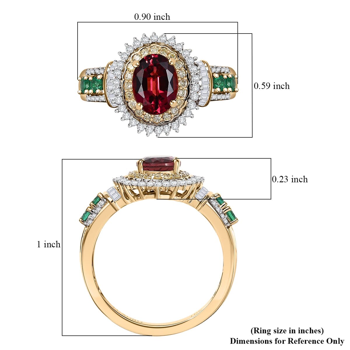 Luxoro AAA Ouro Fino Rubellite, Colombian Emerald, I2 Natural Yellow and White Diamond 2.20 ctw Regal Bloom Ring in 10K Yellow Gold (Size 7.5) image number 5