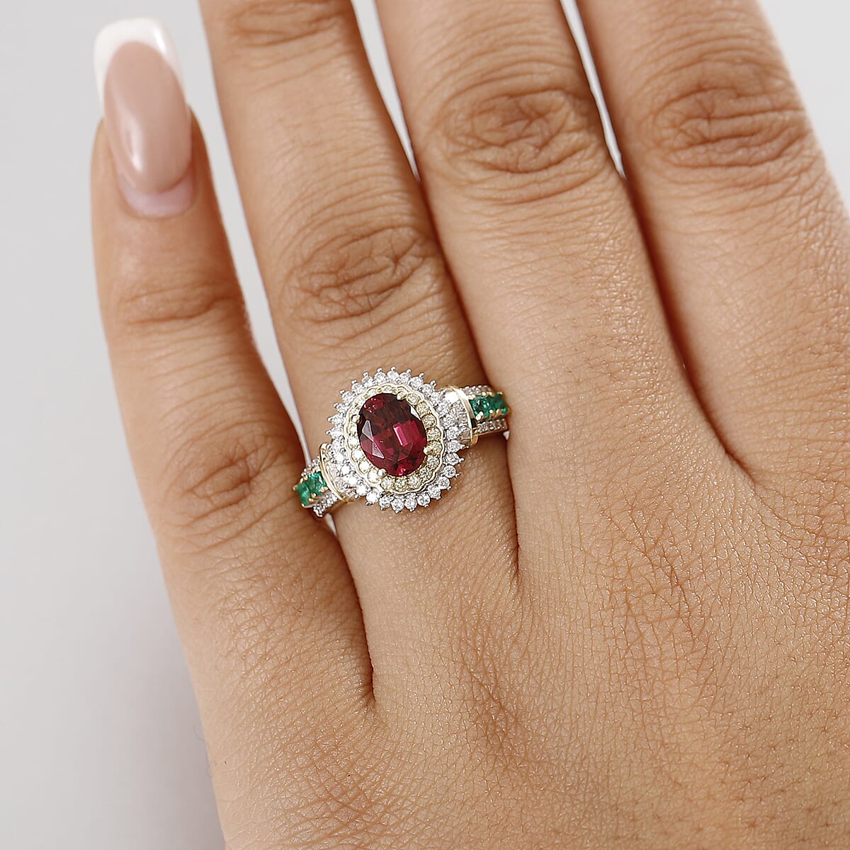 Luxoro AAA Ouro Fino Rubellite, Colombian Emerald, I2 Natural Yellow and White Diamond 2.20 ctw Regal Bloom Ring in 10K Yellow Gold (Size 9.0) image number 2