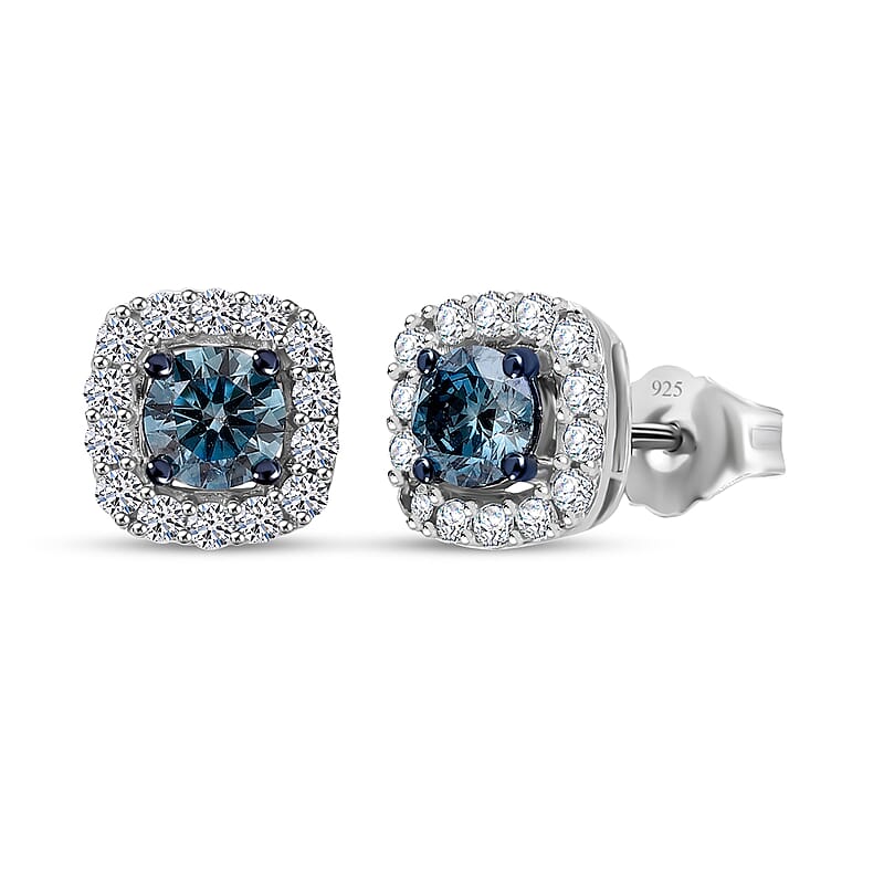 Luxuriant Lab Grown Blue Diamond (IR), Lab Grown White Diamond (SI) Ocean Mirage Earrings in Rhodium Over Sterling Silver 1.00 ctw