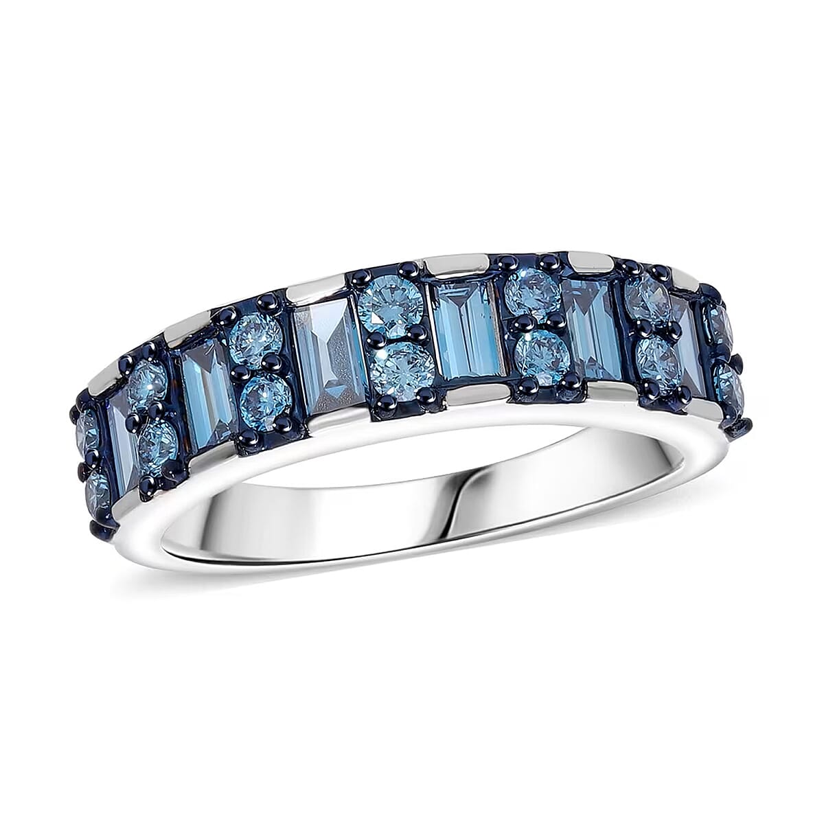 Luxuriant Lab Grown Blue Diamond (IR) SI 1.00 ctw Ocean Rhythm Ring in Platinum Over Sterling Silver (Size 9.0) image number 0