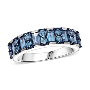 Luxuriant Lab Grown Blue Diamond (IR) SI 1.00 ctw Ocean Rhythm Ring in Platinum Over Sterling Silver (Size 9.0)