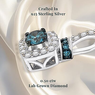 Luxuriant Lab Grown Blue Diamond (IR), Lab Grown White Diamond SI 0.50 ctw Pendant without Chain in Rhodium Over Sterling Silver