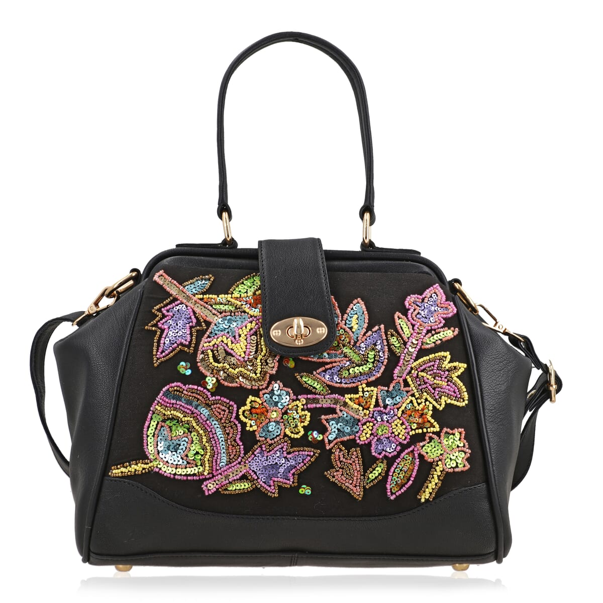 Black Genuine Leather Floral Embroidery Embellishment Handbag with Top Handle and Shoulder Strap image number 0