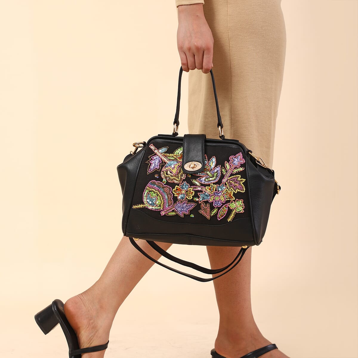 Black Genuine Leather Floral Embroidery Embellishment Handbag with Top Handle and Shoulder Strap image number 2