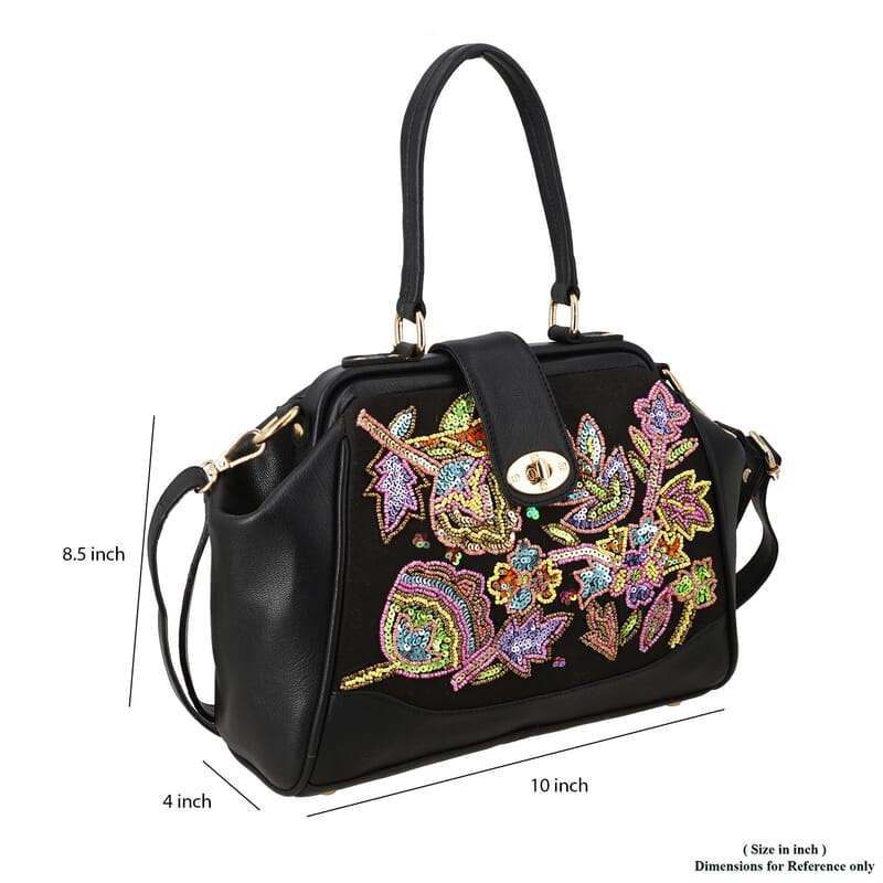Black Genuine Leather Floral Embroidery Embellishment Handbag with Top Handle and Shoulder Strap