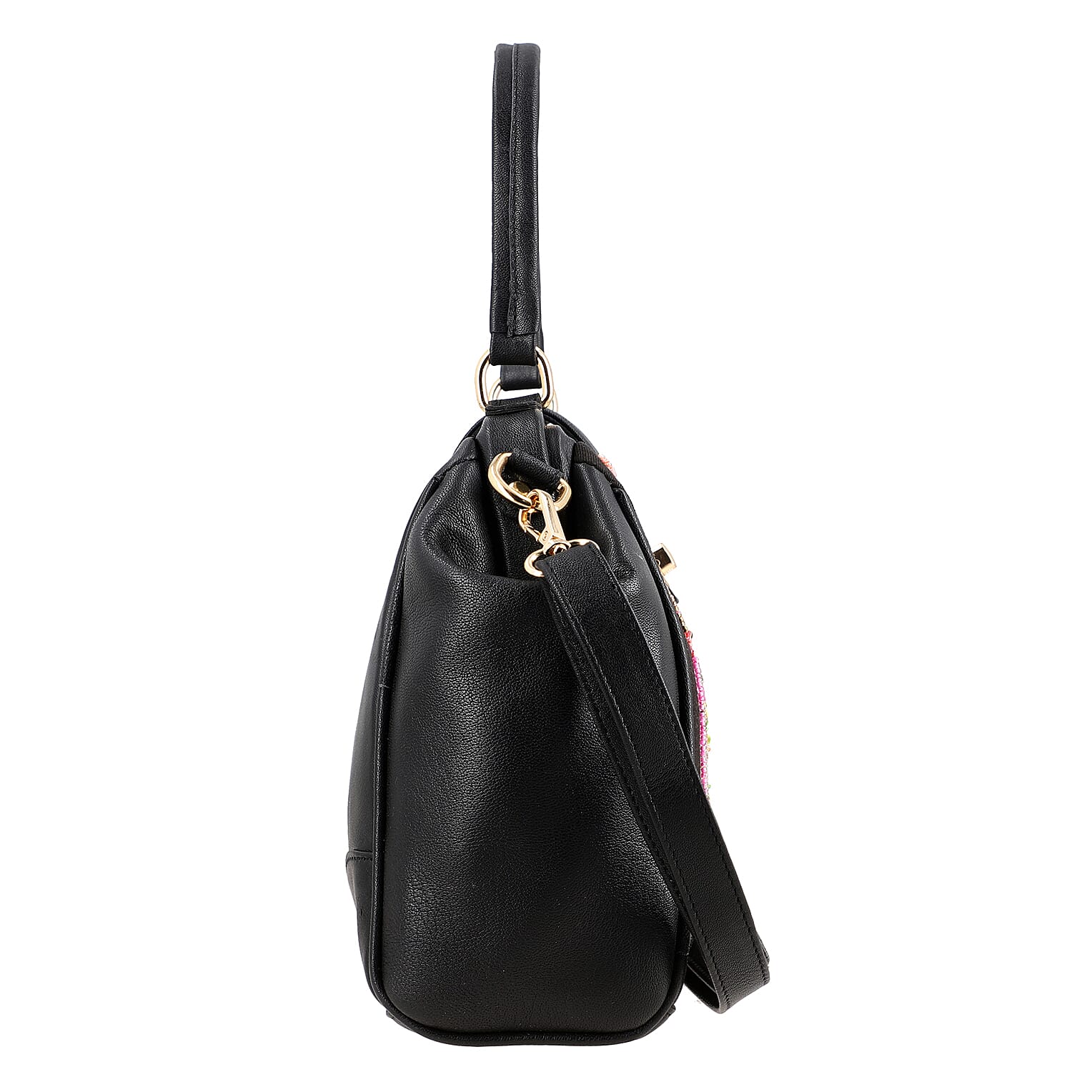 Black Genuine Leather Floral Embroidery Embellishment Handbag with Top Handle and Shoulder Strap
