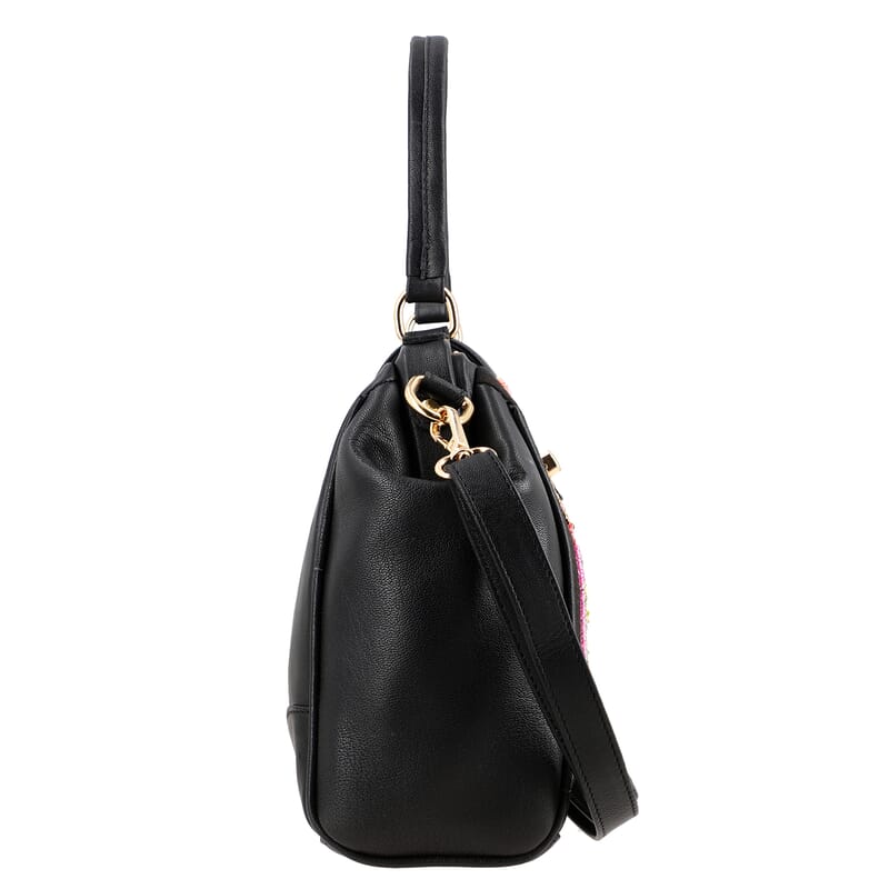 Black Genuine Leather Floral Embroidery Embellishment Handbag with Top Handle and Shoulder Strap