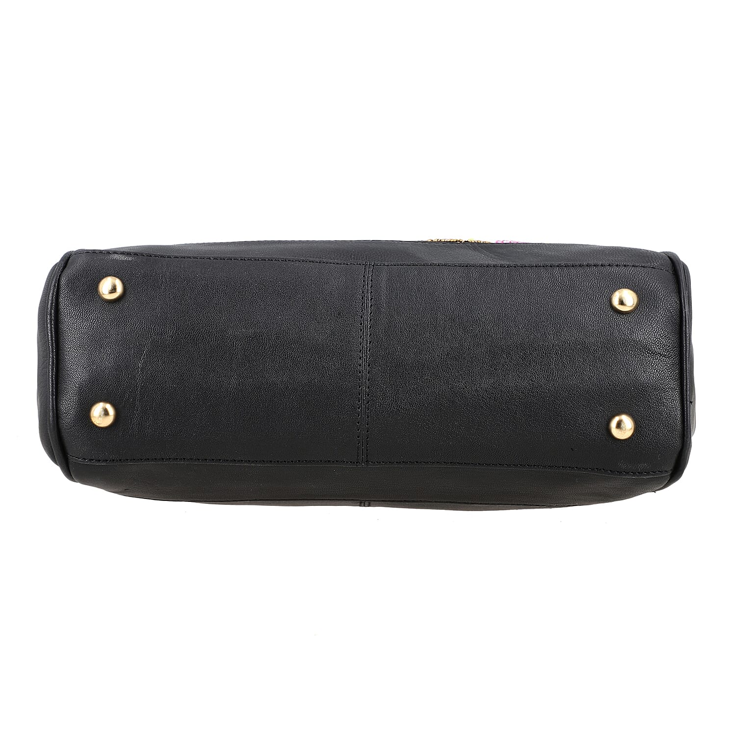 Black Genuine Leather Floral Embroidery Embellishment Handbag with Top Handle and Shoulder Strap