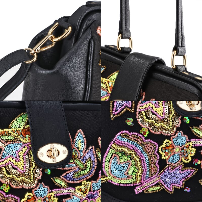 Black Genuine Leather Floral Embroidery Embellishment Handbag with Top Handle and Shoulder Strap