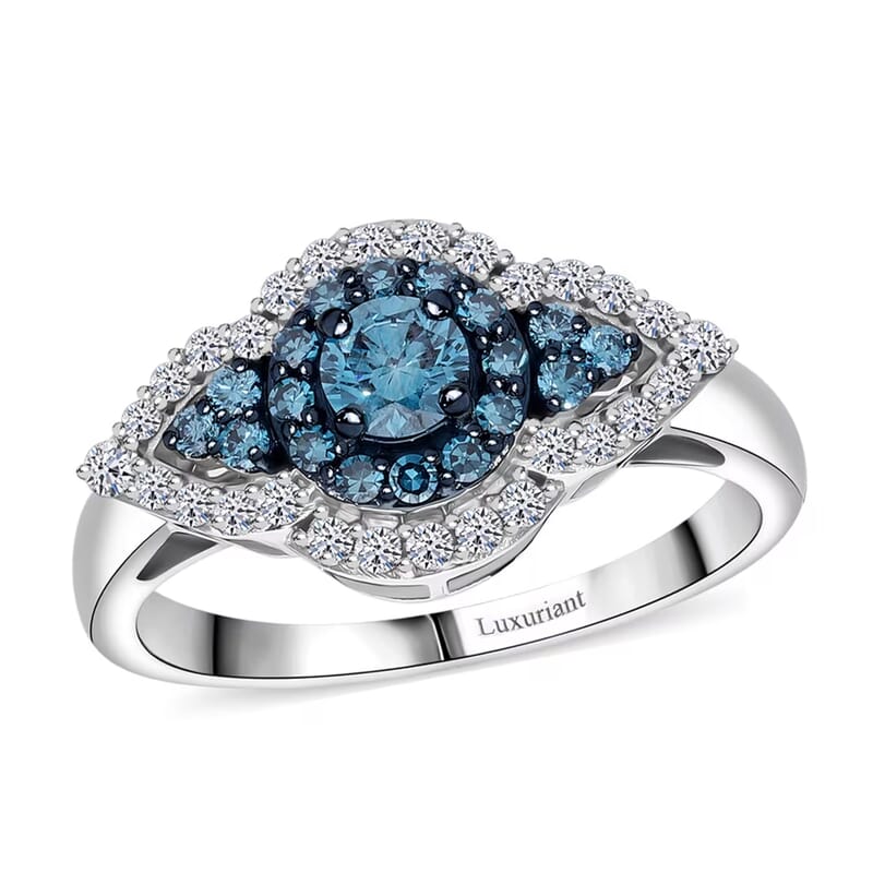Luxuriant Lab Grown Blue Diamond (IR) and Lab Grown White Diamond SI 1.00 ctw Midnight Bloom Ring in Rhodium Over Sterling Silver (Size 10.0)