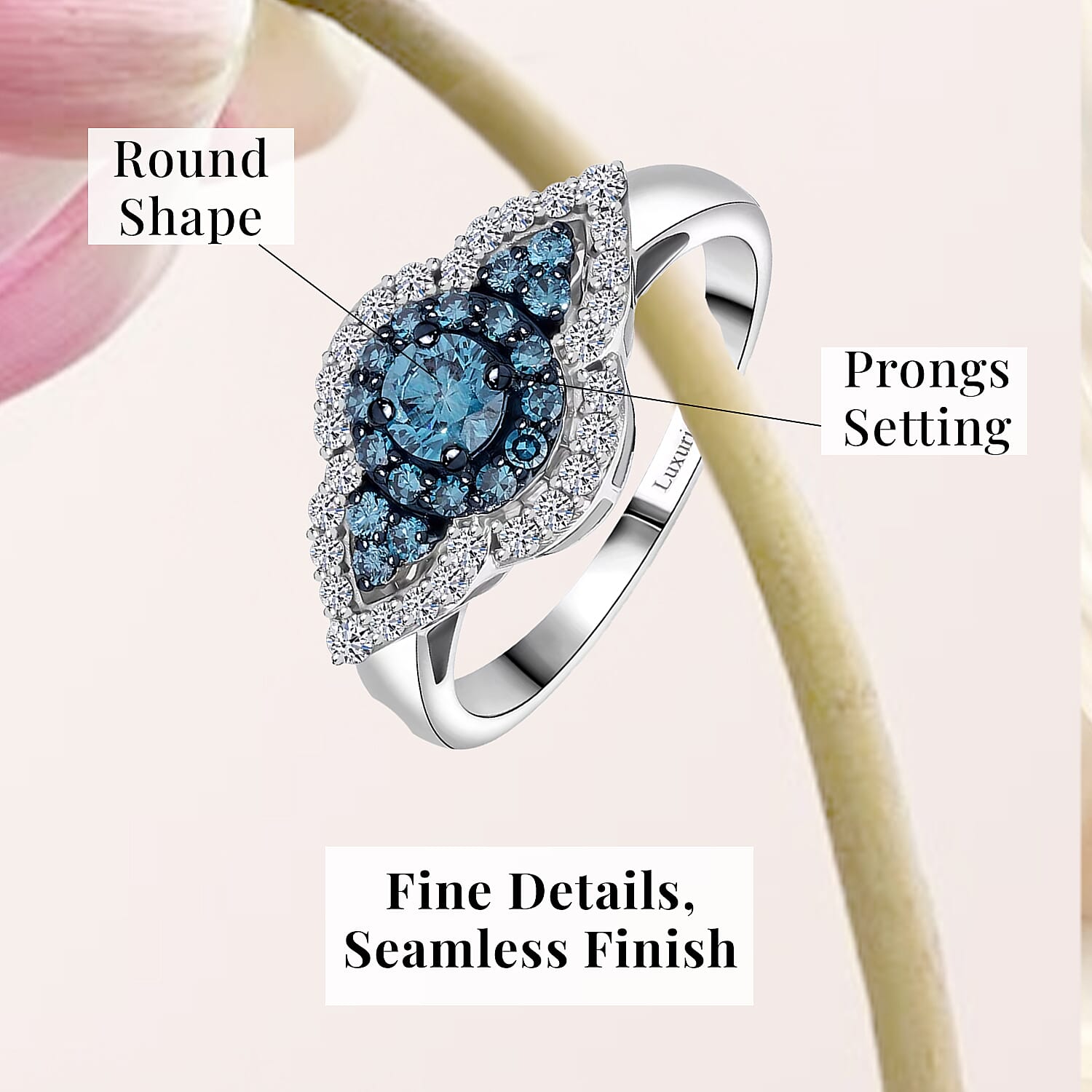 Luxuriant Lab Grown Blue Diamond (IR) and Lab Grown White Diamond SI 1.00 ctw Midnight Bloom Ring in Rhodium Over Sterling Silver (Size 10.0)