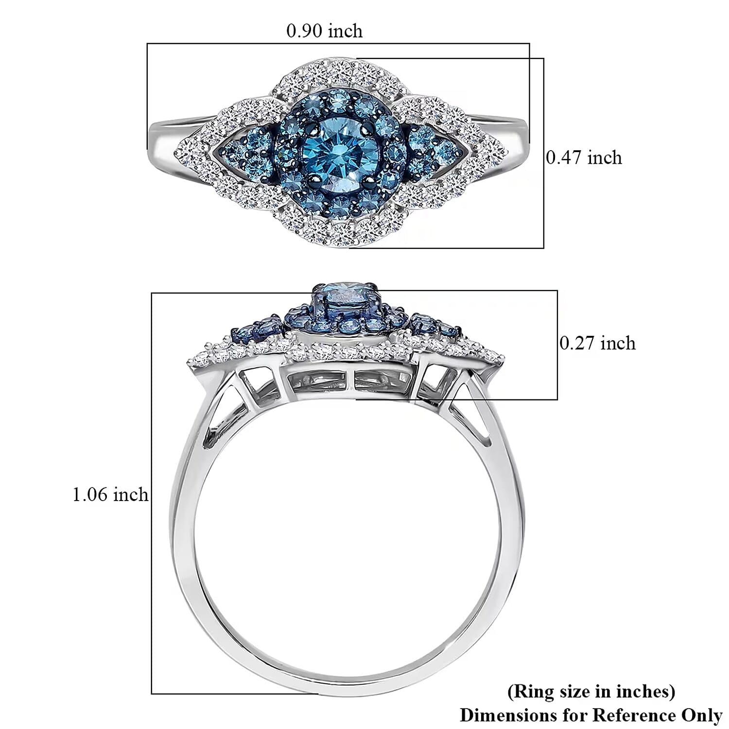 Luxuriant Lab Grown Blue Diamond (IR) and Lab Grown White Diamond SI 1.00 ctw Midnight Bloom Ring in Rhodium Over Sterling Silver (Size 10.0)