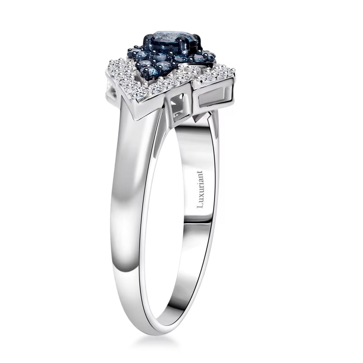 Luxuriant Lab Grown Blue and White Diamond SI 1.00 ctw Midnight Bloom Ring in Rhodium Over Sterling Silver (Size 6.0) image number 8