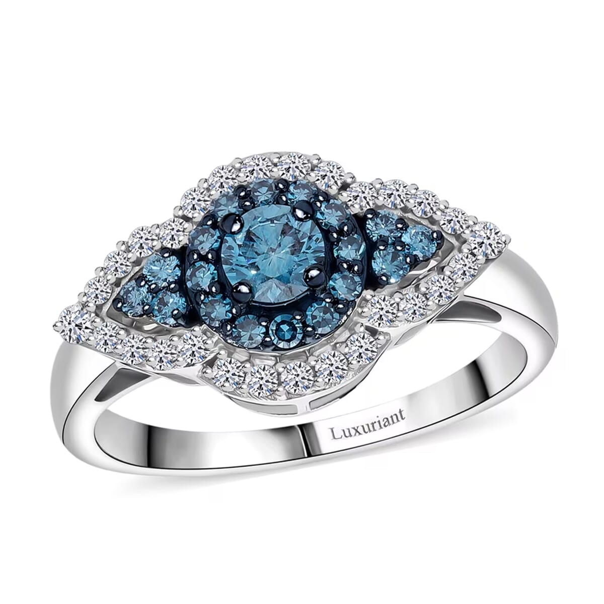 Luxuriant Lab Grown Blue and White Diamond SI 1.00 ctw Midnight Bloom Ring in Rhodium Over Sterling Silver (Size 7.0) image number 0