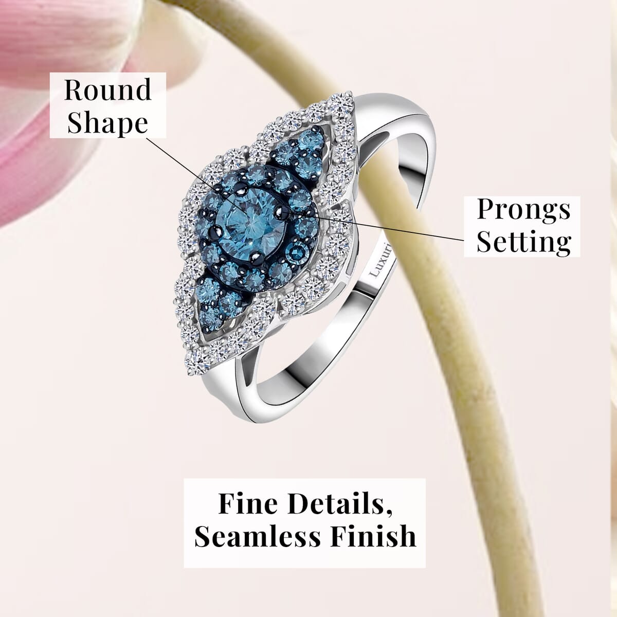 Luxuriant Lab Grown Blue and White Diamond SI 1.00 ctw Midnight Bloom Ring in Rhodium Over Sterling Silver (Size 7.0) image number 5