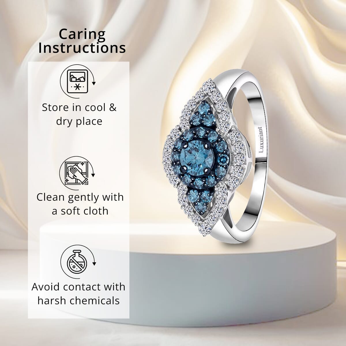 Luxuriant Lab Grown Blue and White Diamond SI 1.00 ctw Midnight Bloom Ring in Rhodium Over Sterling Silver (Size 7.0) image number 6
