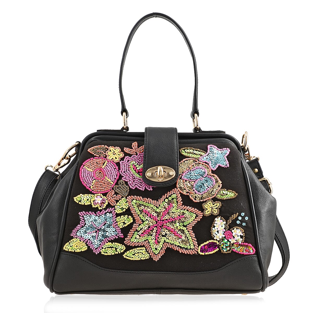 Black Genuine Leather Floral Embroidery Embellishment Handbag with Top Handle and Shoulder Strap image number 0