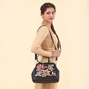 Black Genuine Leather Floral Embroidery Embellishment Handbag with Top Handle and Shoulder Strap