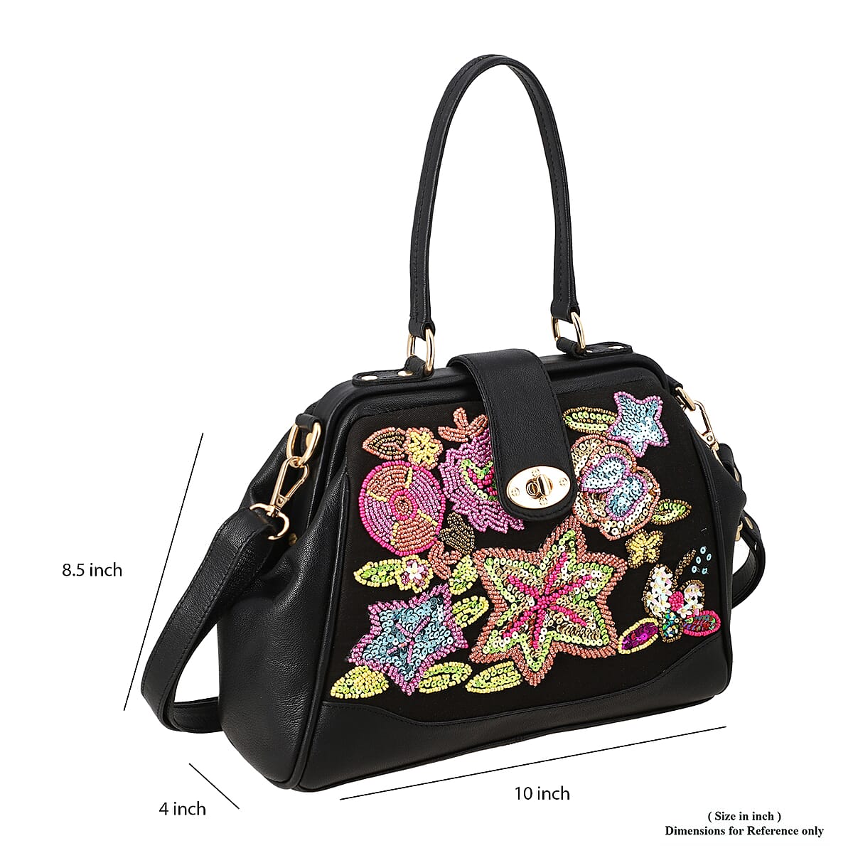 Black Genuine Leather Floral Embroidery Embellishment Handbag with Top Handle and Shoulder Strap image number 4
