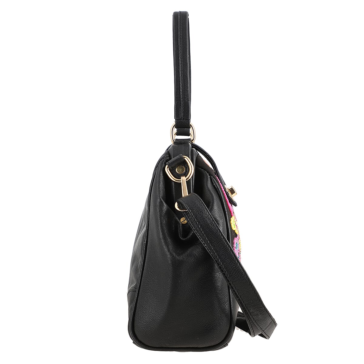 Black Genuine Leather Floral Embroidery Embellishment Handbag with Top Handle and Shoulder Strap image number 5