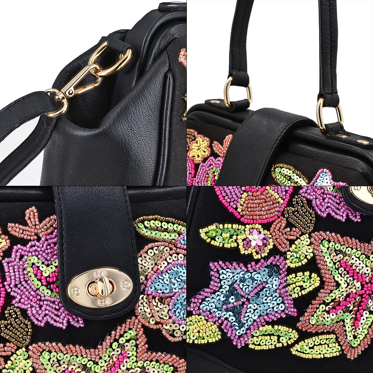 Black Genuine Leather Floral Embroidery Embellishment Handbag with Top Handle and Shoulder Strap image number 8