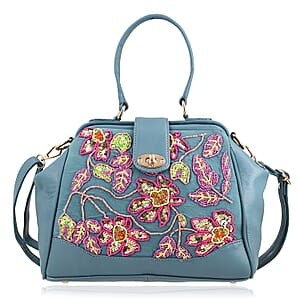 Blue Genuine Leather Floral Embroidery Embellishment Handbag with Top Handle and Shoulder Strap