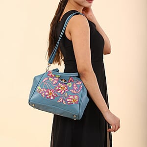Blue Genuine Leather Floral Embroidery Embellishment Handbag with Top Handle and Shoulder Strap